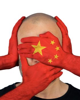 Conceptual portrait of a man with palms covering his eyes, ears and mouth, on white background. State censorship in China. Political neutrality