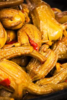 Eggplants closeup in marinade of a traditional market