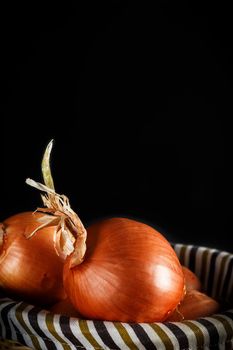 Still life of onions with wicker basket with black background. Rustic style. Vertical image.