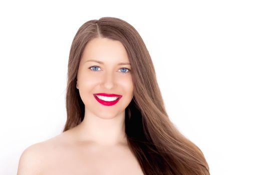 Happy smiling young woman with perfect white teeth and beautiful healthy smile, clean skin and natural makeup, female face portrait with positive emotion, beauty, wellness and skincare ad.