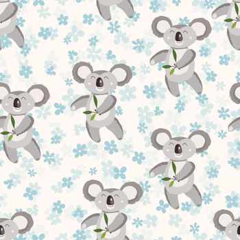 Seamless pattern with cute koala baby and flowers on color background. Funny australian animals. Card, postcards for kids. Flat vector illustration for fabric, textile, wallpaper, poster, paper.