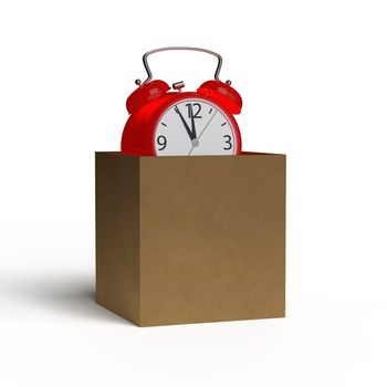 Alarm clock in a cardboard box on white background. 3D rendering