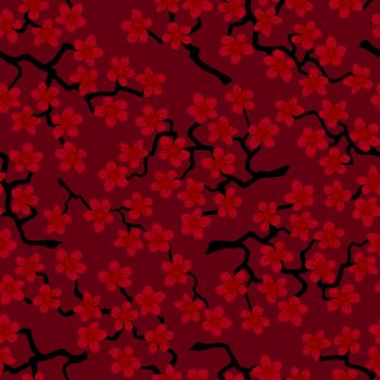 Seamless pattern with blossoming Japanese cherry sakura branches for fabric,packaging,wallpaper,textile decor,design, invitations,print,gift wrap,manufacturing.Red flowers on burgundy background