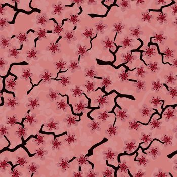 Seamless pattern with blossoming Japanese cherry sakura branches for fabric,packaging,wallpaper,textile decor,design, invitations,print,gift wrap,manufacturing.Pink flowers on salmon background
