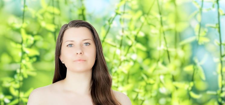 Beauty portrait of young woman for natural skincare and cosmetic brand, spring nature on background as wellness, health and organic beauty concept.