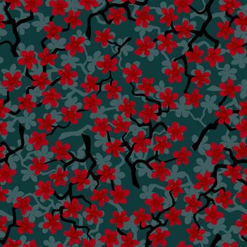 Seamless pattern with blossoming Japanese cherry sakura branches for fabric,packaging,wallpaper,textile decor,design, invitations,print,gift wrap,manufacturing.Red flowers on olive background