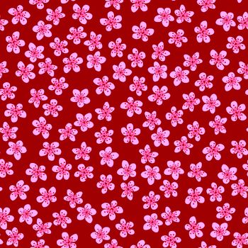 Seamless pattern with blossoming Japanese cherry sakura for fabric, packaging, wallpaper, textile decor, design, invitations, print, gift wrap, manufacturing. Pink flowers on red background