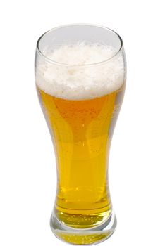 Fresh cold Beer glass isolated on white. gold beer bavaria oktoberfest with foam crown. pint of light lager beer on white background. Craft Beer close up