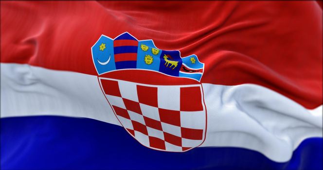 Detail of the national flag of Croatia flying in the wind. Democracy and politics. European country.