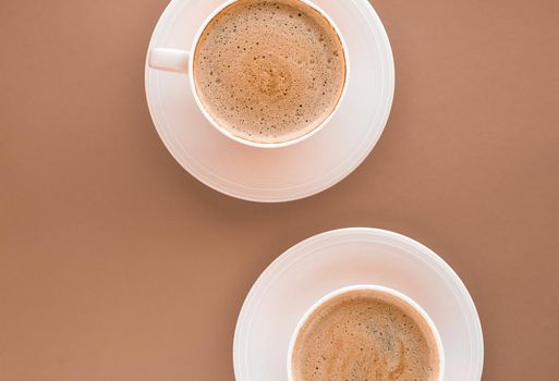 Drinks menu, italian espresso recipe and organic shop concept - Cup of hot coffee as breakfast drink, flatlay cups on beige background