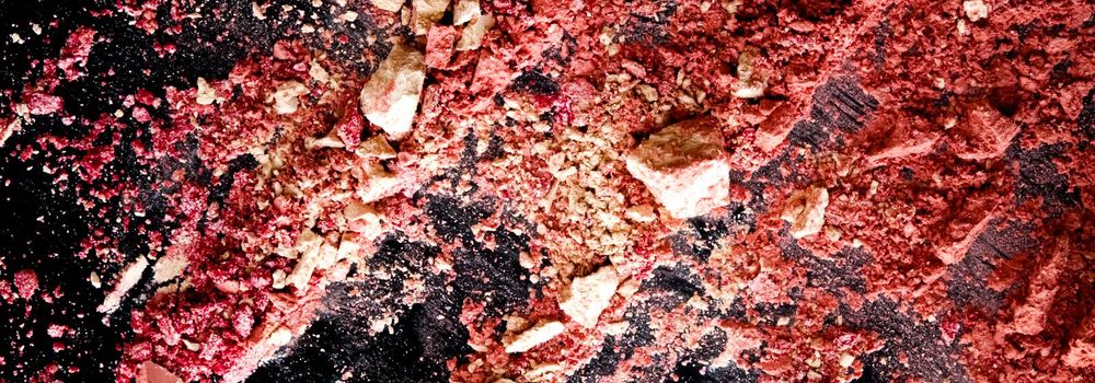 Crushed cosmetics, mineral organic eyeshadow, blush and cosmetic powder isolated on black background, makeup and beauty banner, flatlay design.