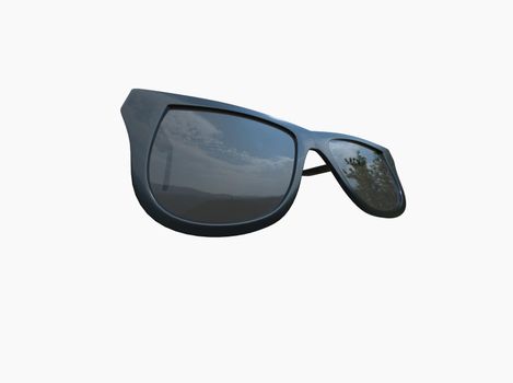 Chic Fashion Summer Sun Protection Cool Vintage Sun Glasses Sunglasses with Black Plastic Frame isolated over the White Background Closeup 3d illustration
