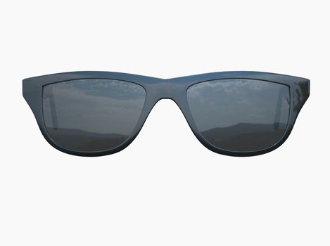 Chic Fashion Summer Sun Protection Cool Vintage Sun Glasses Sunglasses with Black Plastic Frame isolated over the White Background Closeup 3d illustration