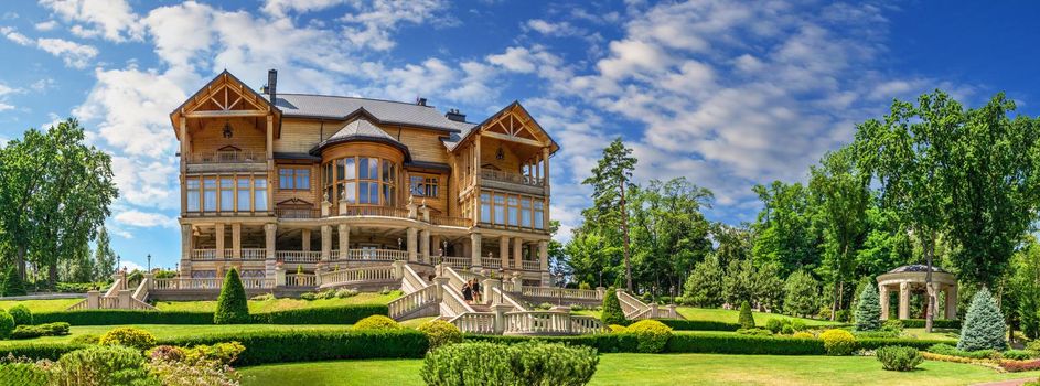 Kyiv, Ukraine 07.10.2020. Honka or the main wooden house in the Mezhyhirya Residence, Kyiv, Ukraine, on a sunny summer day