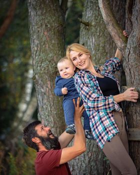 The family walks in the park in the summer, has fun, plays. Dad holds the baby in his arms