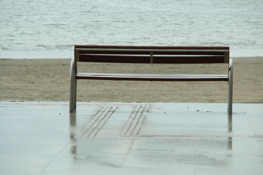 Wooden bench in front of the beach and the ocean