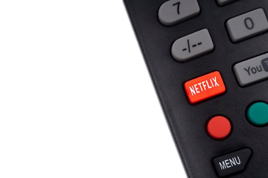 Kuala Lumpur, Malaysia : May 1, 2021 : NETFLIX television remote controller on white background