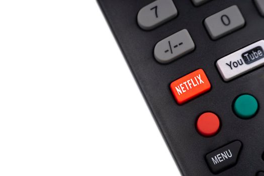 Kuala Lumpur, Malaysia : May 1, 2021 : NETFLIX television remote controller on white background