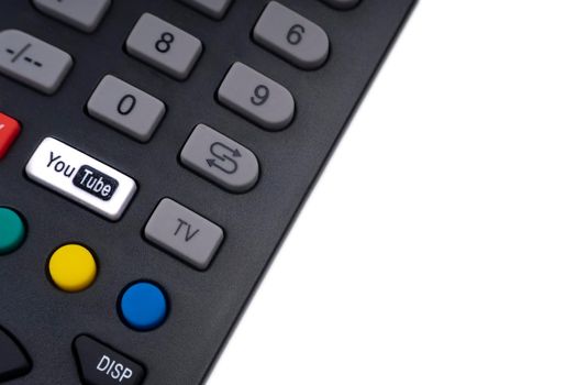 Kuala Lumpur, Malaysia : May 1, 2021 : YOUTUBE television remote controller on white background