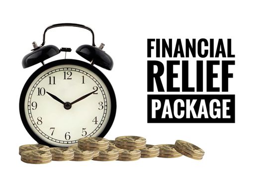 FINANCIAL RELIEF PACKAGE text  with alarm clock and coins on white background. Business and economic concept