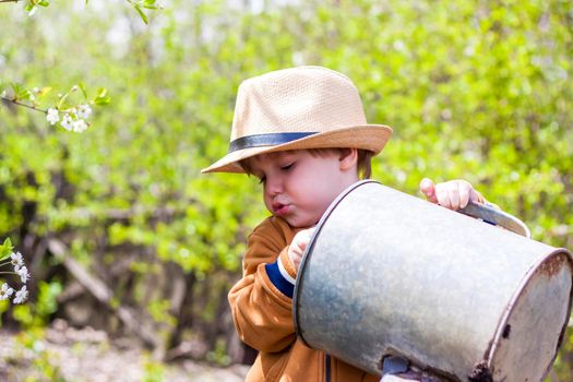 Cute little toddler boy in a hat and rubber boots is watering plants with a watering can in the garden. A charming little kid helping his parents grow vegetables. Active holidays with children