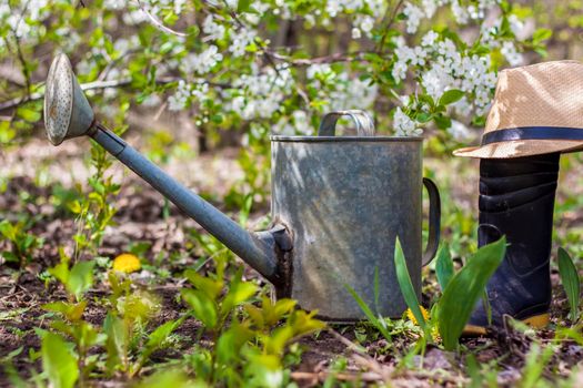 An old iron watering can, a hat, and rubber boots stand in the garden. Gardening and gardening, Outdoor activities with children 