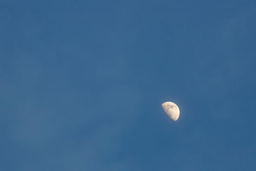 The moon is seen as a half-moon in the evening sky with faint clouds in the surrounding negative copy space.