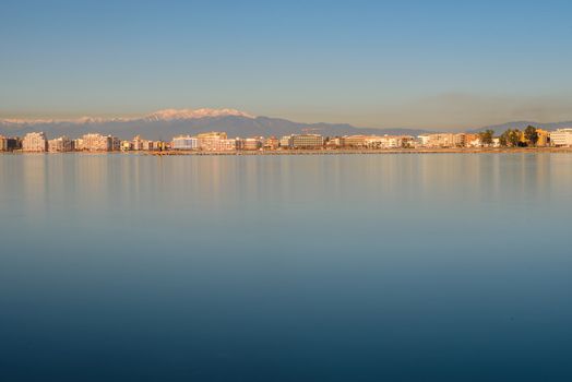 ROSES, SPAIN - jan 24 2018 : Beach and city view of mediterranean town Roses. jan 24 2018 in Catalonia, Spain