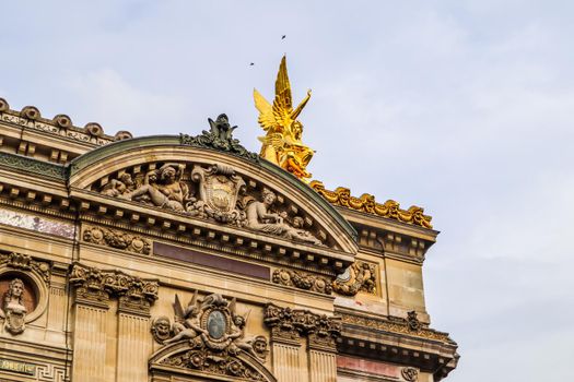 Architectural details of facade of Paris Opera (Palais Garnier). France. April 2019