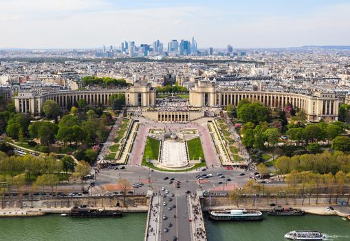 Aerial view of Paris city and Seine river from Eiffel Tower. France. April 2019