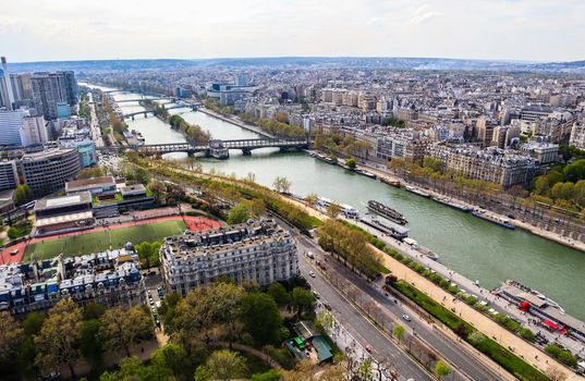 Aerial view of Paris city and Seine river from Eiffel Tower. France. April 2019