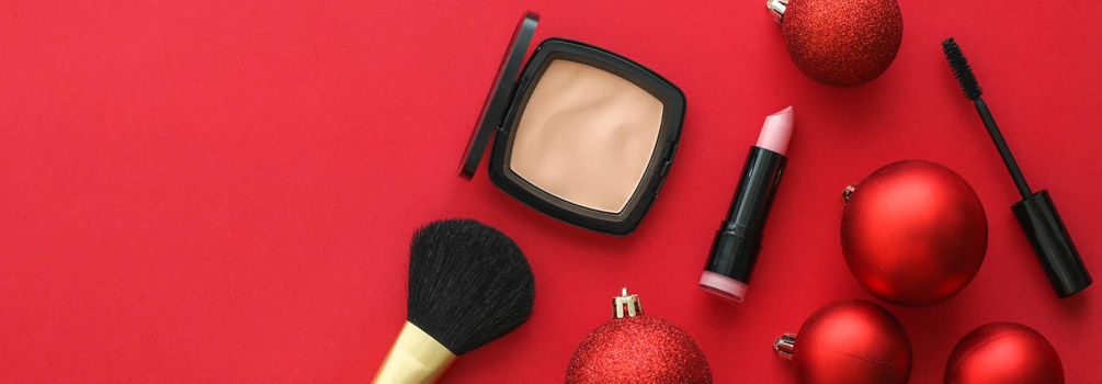 Cosmetic branding, fashion blog cover and girly glamour concept - Make-up and cosmetics product set for beauty brand Christmas sale promotion, luxury red flatlay background as holiday design