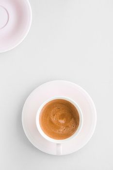 Drinks menu, italian espresso recipe and organic shop concept - Cup of hot french coffee as breakfast drink, flatlay cups on white background