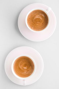 Drinks menu, italian espresso recipe and organic shop concept - Cup of hot french coffee as breakfast drink, flatlay cups on white background