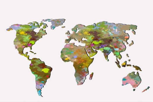 Roughly outlined world map with a colorful background patterns