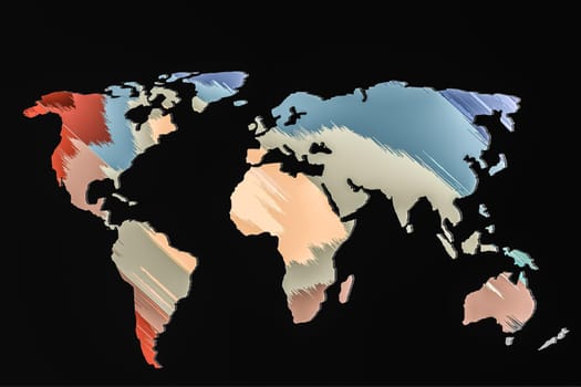 Roughly outlined world map with a colorful background patterns