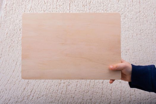 Little kid holding a blank wooden board in hands. Copy space for text.