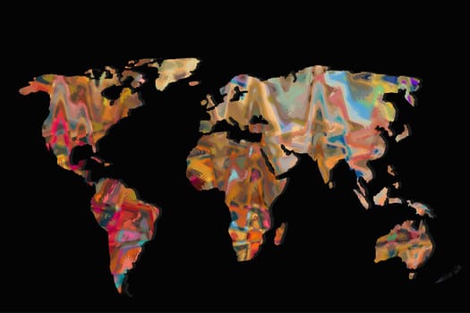 Roughly outlined world map with a colorful background patterns