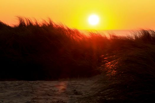 Beautiful Sunset on the beach with orange range colors in Aveiro, Portugal