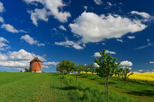 Beautiful spring landscape with blue sky, sun, clouds and old windmill.
Czech Republic Europe