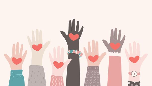 Raised hands volunteering. Charity partnership concept. Multiracial hands with hearts reaching up. Vector illuststration