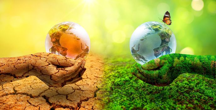 Two orb hands with very different environments Earth Day or World Environment Day Global Warming and Pollution