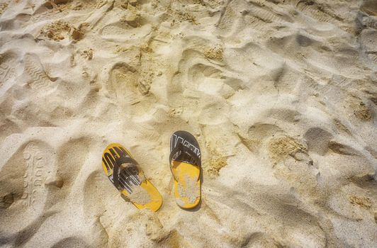 beach slippers on the golden sand