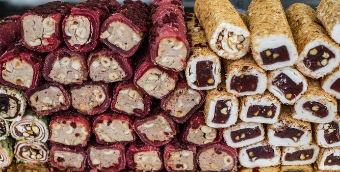 Variety of Turkish signature local foods known as Turkish Delight available for sale mostly in all areas in Turkey country