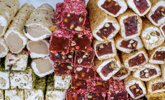 Variety of Turkish signature local foods known as Turkish Delight available for sale mostly in all areas in Turkey country