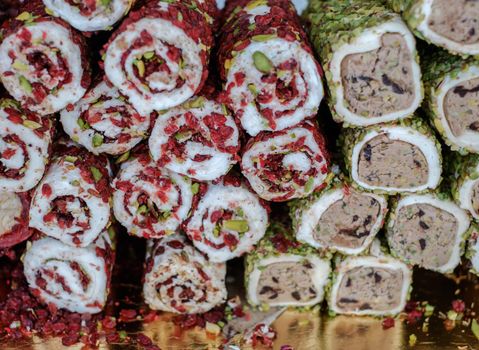 Variety of Turkish signature local foods known as Turkish Delight available for sale mostly in all areas in Turkey country