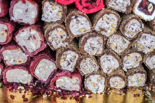 Variety of Turkish signature local foods known as Turkish Delight available for sale mostly in all areas in Turkey country