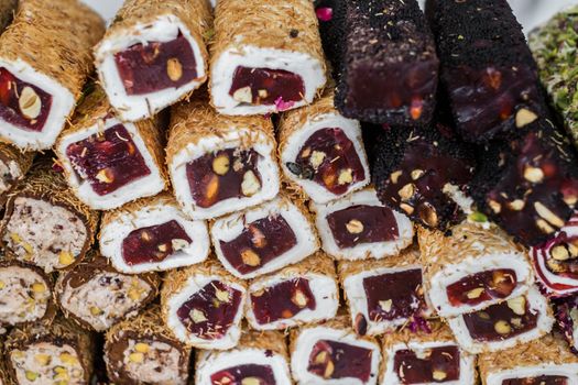 Variety of Turkish signature local foods known as Turkish Delight available for sale mostly in all areas in Turkey country