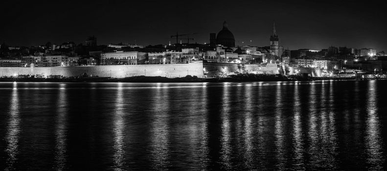 View over the Valletta city from Marsans Harbour in night