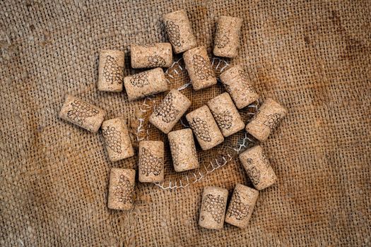 wine corks on jute sack